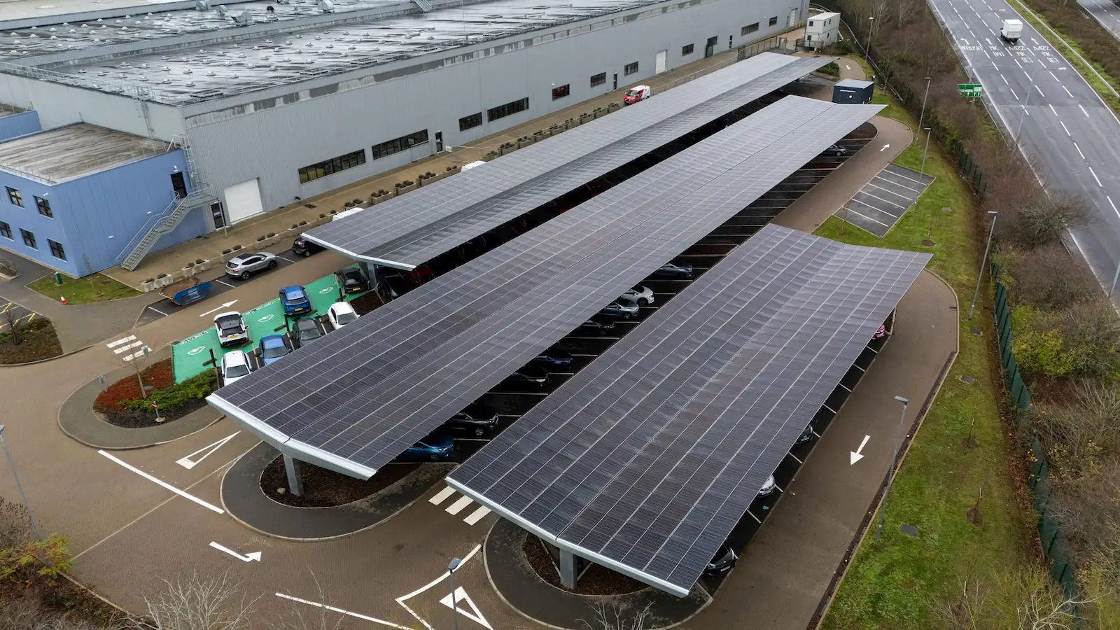 A drone-level image of a solar carport.