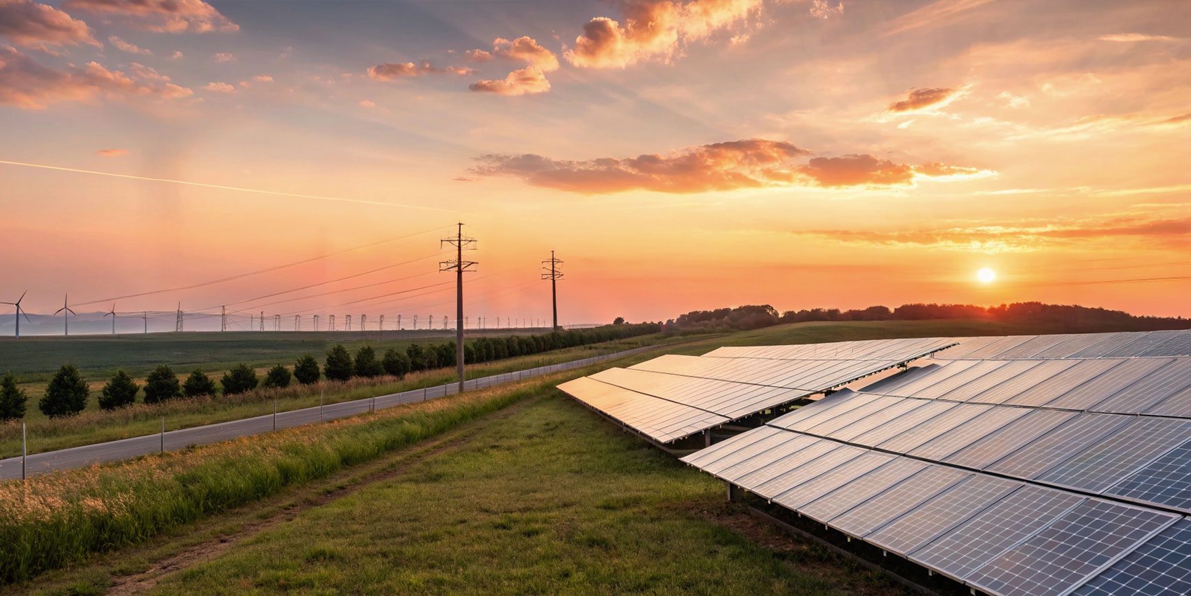 Two sections of ground-mounted solar panels are installed in a field next to the road. The image has been taken at sunset.